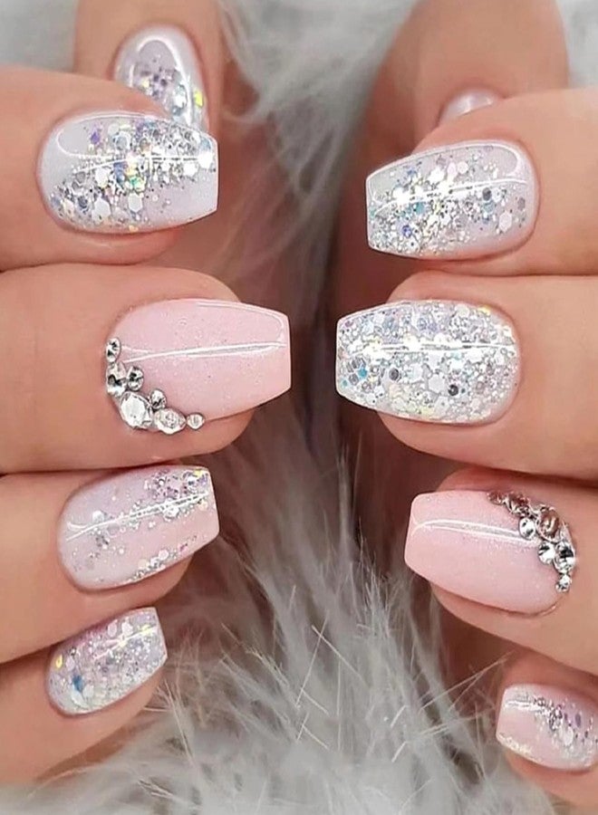 Vopintpy Silver Glitter Press on Nails Medium Square Fake Nails with Rhinestones Design Glossy Pink White Artificial False Nails for Women Girls DIY Manicure Decoration Reusable Stick on Nails Glue on Nails - Image 1